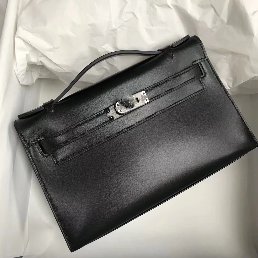 Wholesale Hermes Black Box Calf Leather Minikelly Clutch Bag22CM Black Hardware
