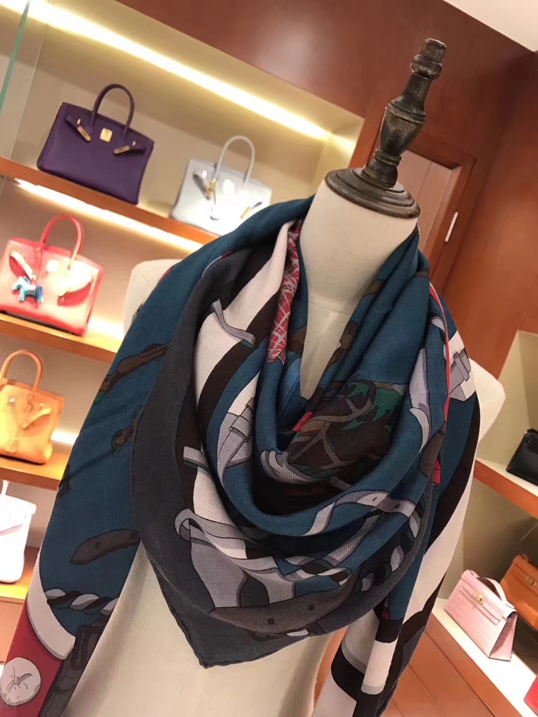High Quality Hermes Cashmere Scarf Cape in Navy Blue 140*140cm Complete Package