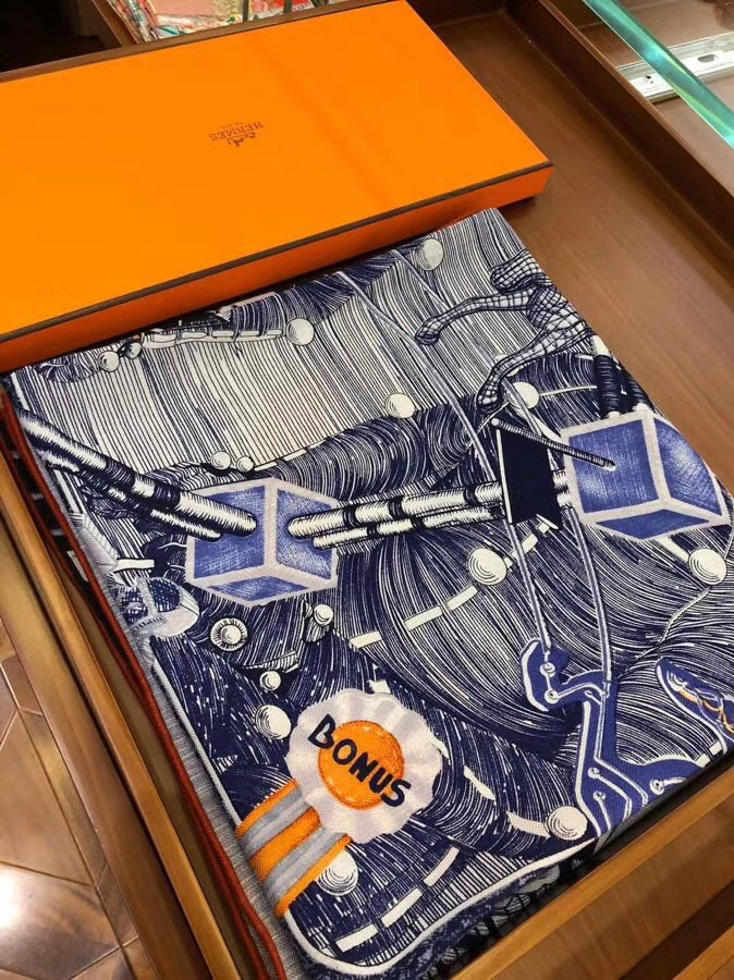 Sale Hermes Dark Blue Cashmere Silk Printed Women’s Scarf140*140cm