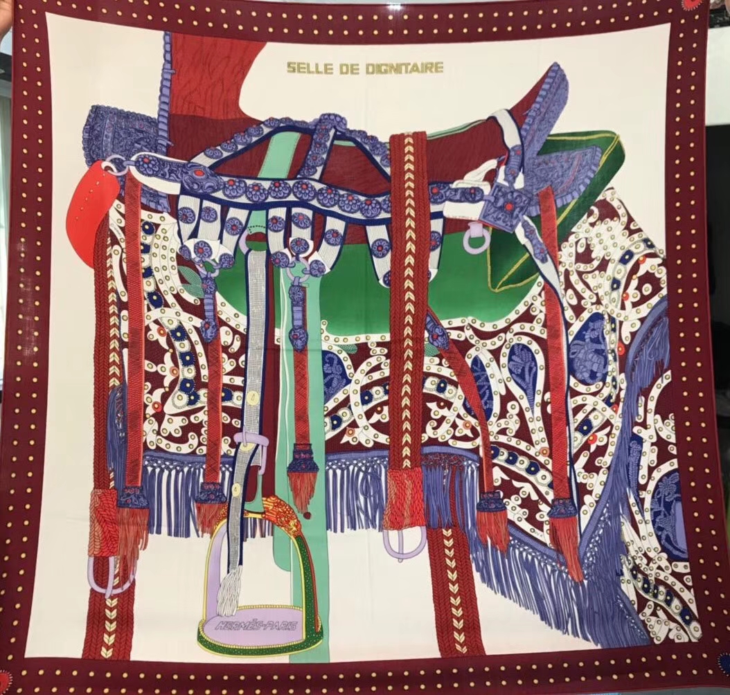 Elegant Hermes 2018 Autumn New《Noble Saddle》Cashmere Silk Scarf in Bordeaux Red