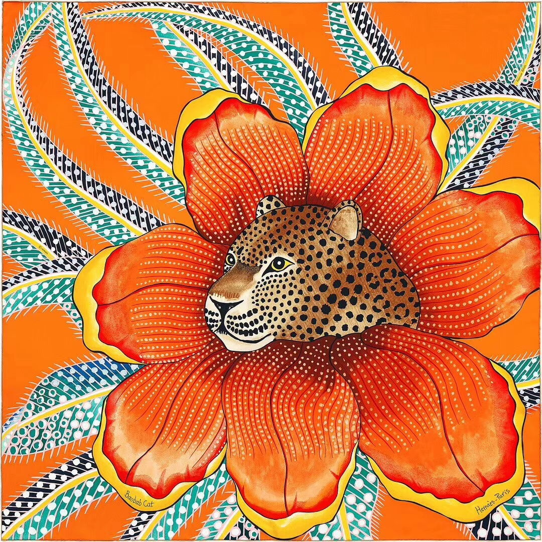 New Hermes 2018 Autumn《Leopard &#038; Flower》Orange Cashmere Silk Women&#8217;s Scarf