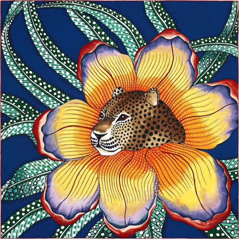 Hermes《Leopard & Flower》Yellow Cashmere Silk Womens Scarf 1 40*1 40CM