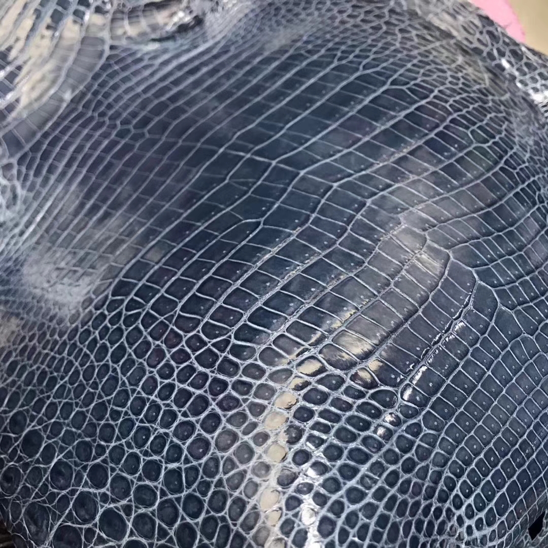 New Arrival Hermes N7 Blue Tampete Porosus Shiny Crocodile Leather