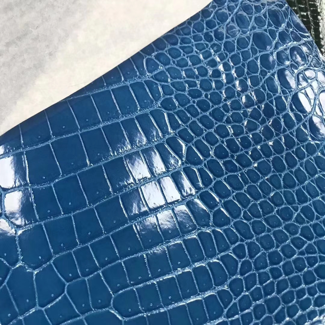 Luxury Hermes Porosus Shiny Crocodile Leather in 7W Blue Izmir
