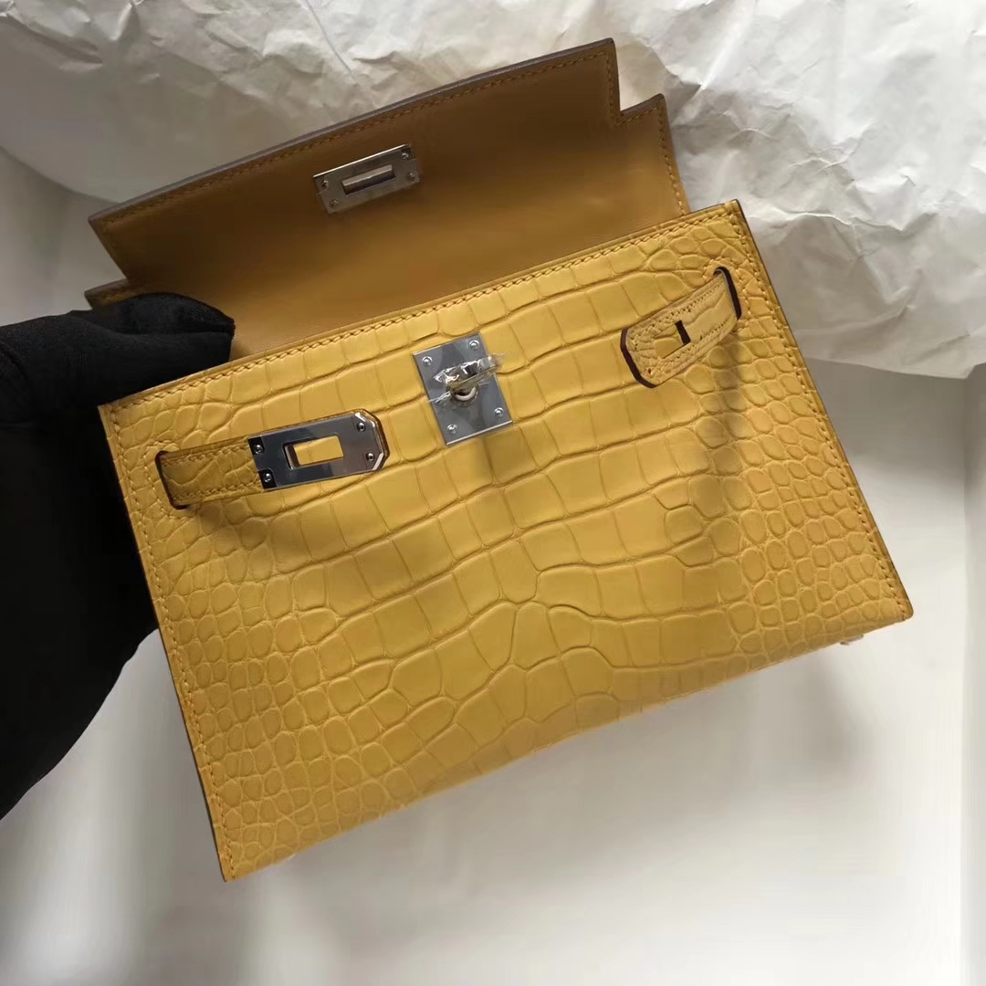 Sale Hermes 9D Ambre Yellow Alligator Matt Crocodile Minikelly-2 Clutch Bag