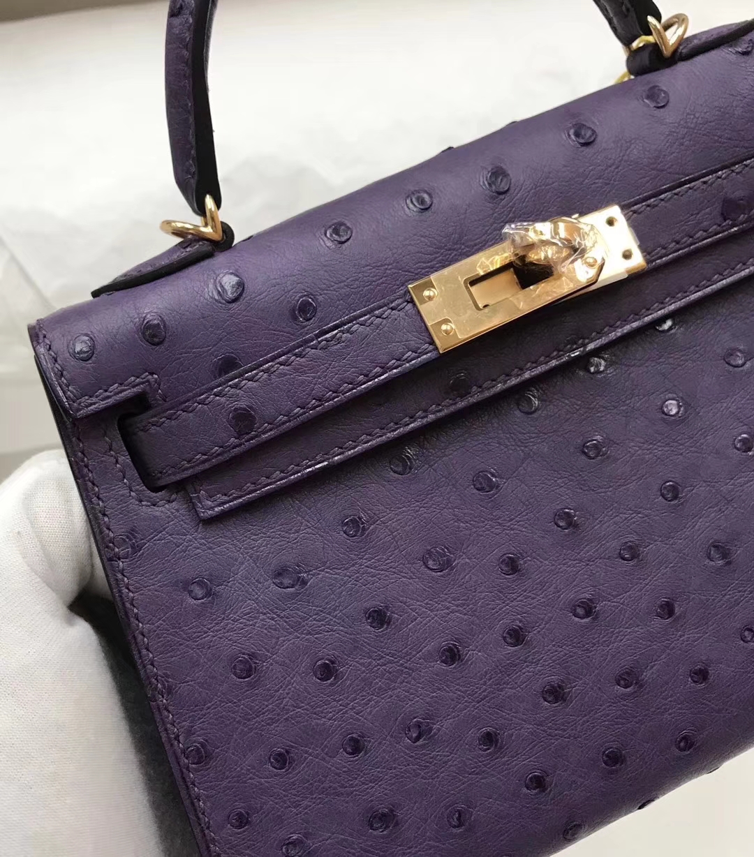 Sale Hermes 9W Fantasy Purple KK Ostrich Leather Minikelly-2 Clutch Bag Gold Hardware