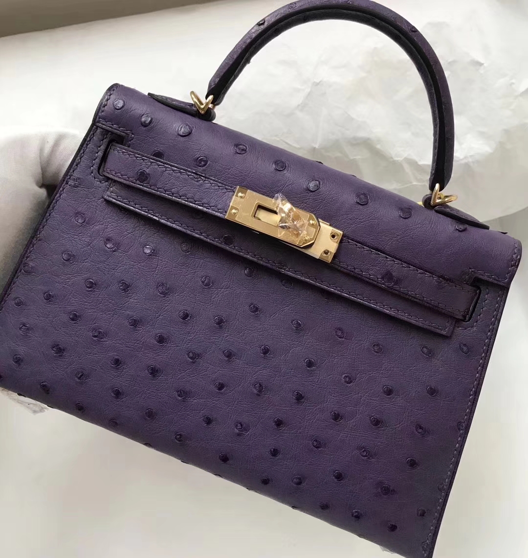 Sale Hermes 9W Fantasy Purple KK Ostrich Leather Minikelly-2 Clutch Bag Gold Hardware