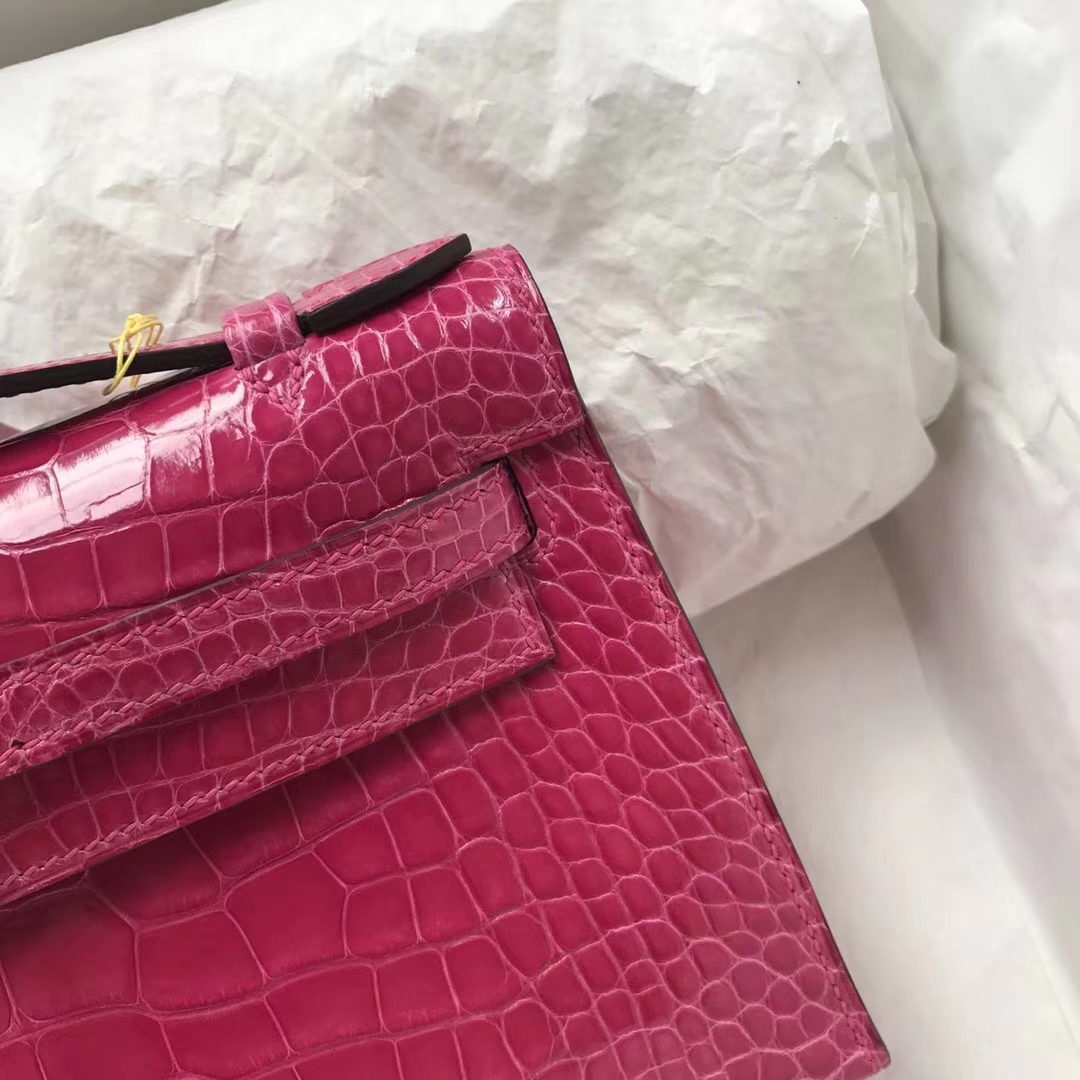 Discount Hermes Shiny Crocodile Minikelly Pochette 22CM in 5J Hot Pink Gold Hardware