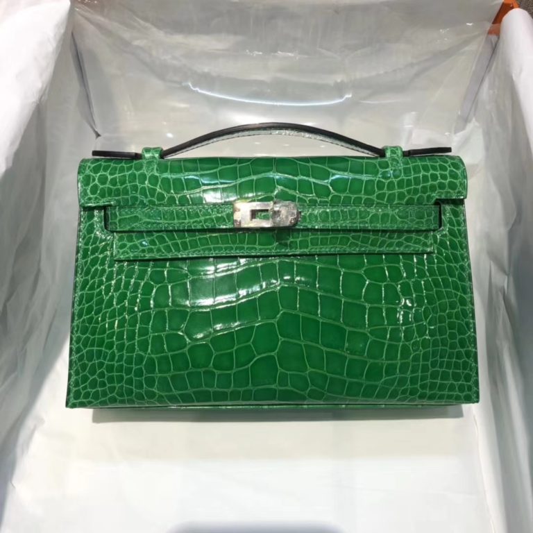 Hermes 1L Cacti Green Shiny Crocodile Leather Minikelly Clutch Bag 22CM