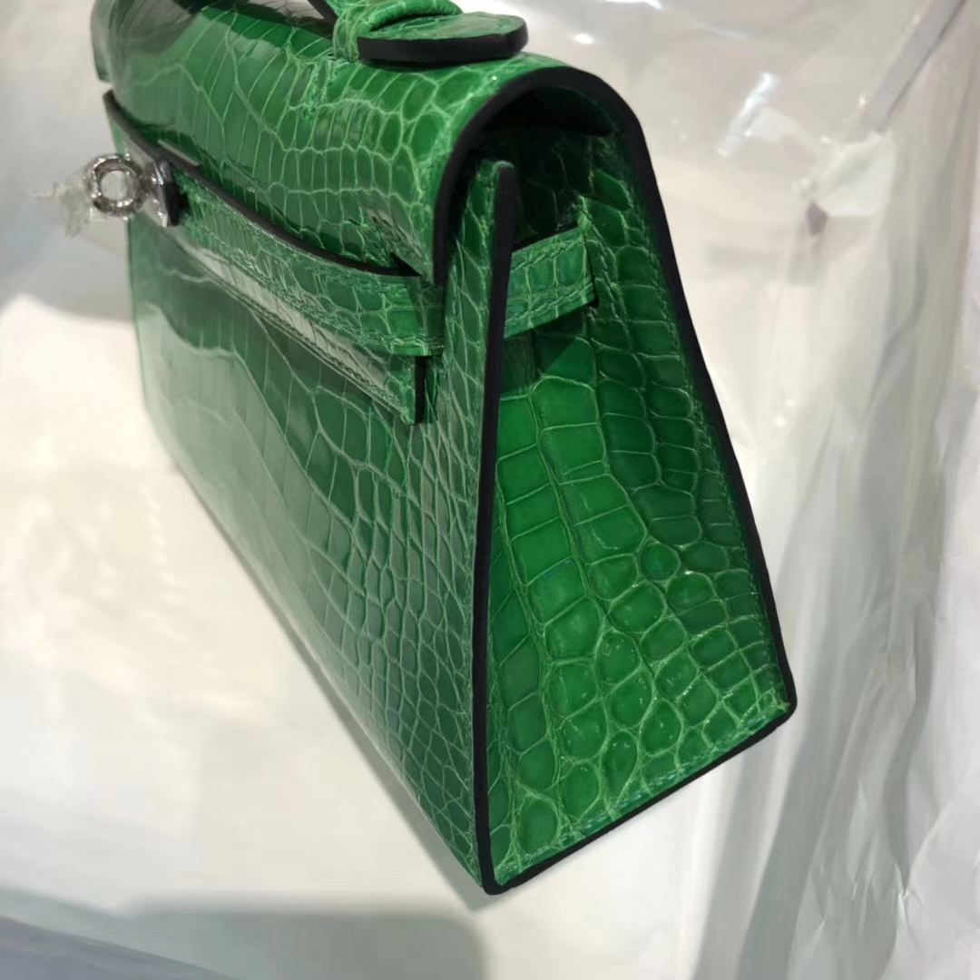 Luxury Hermes 1L Cacti Green Shiny Crocodile Leather Minikelly Clutch Bag22CM