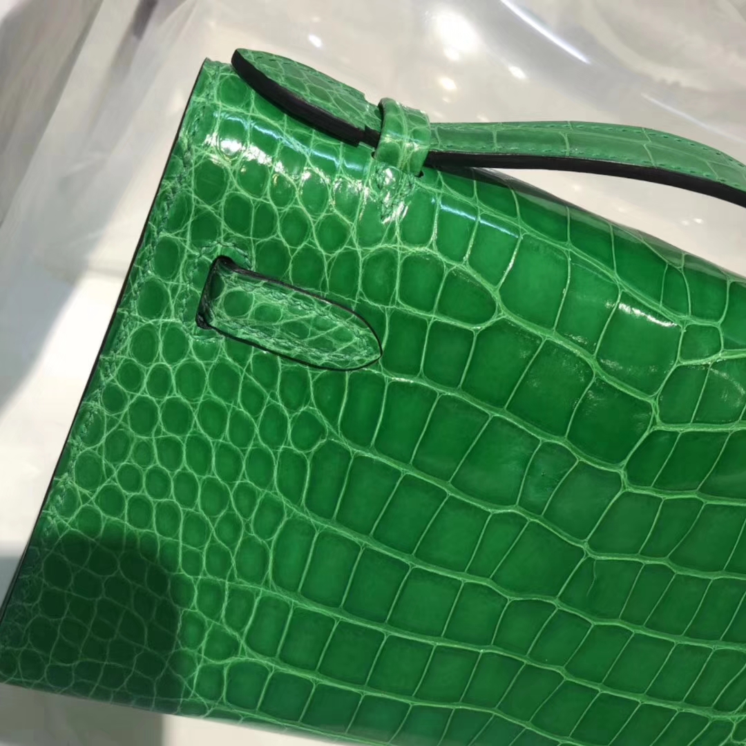 Luxury Hermes 1L Cacti Green Shiny Crocodile Leather Minikelly Clutch Bag22CM