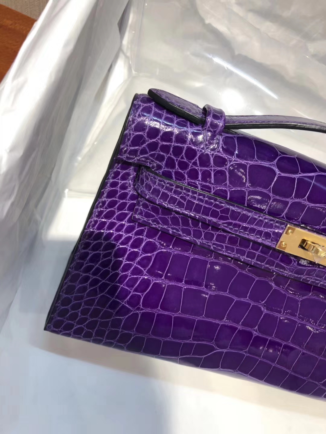 Fashion Hermes 5L Ultraviolet Shiny Alligator Crocodile Minikelly Evening Bag22CM