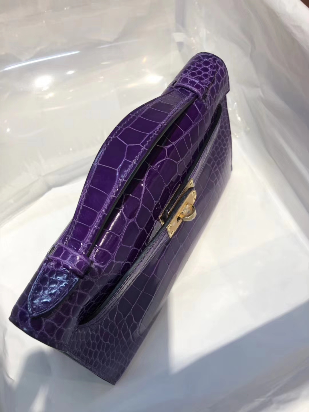 Fashion Hermes 5L Ultraviolet Shiny Alligator Crocodile Minikelly Evening Bag22CM