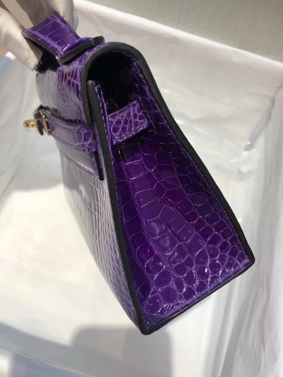 Fashion Hermes 5L Ultraviolet Shiny Alligator Crocodile Minikelly Evening Bag22CM