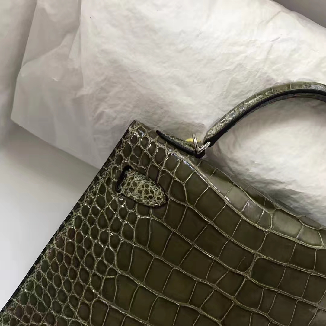 Elegant Hermes 6H Olive Green Alligator Shiny Crocodile Minikelly-2 Clutch Bag