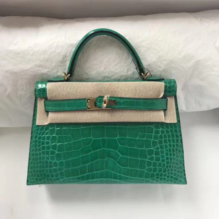 Hermes Shiny Crocodile Leather Minikelly-2 Bag in 6Q Emerald Green