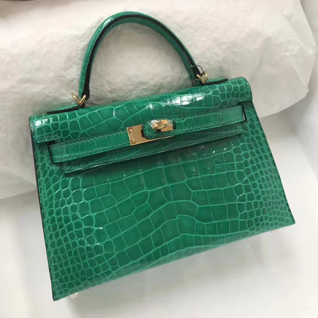 Luxury Hermes Shiny Crocodile Leather Minikelly-2 Bag in 6Q Emerald Green