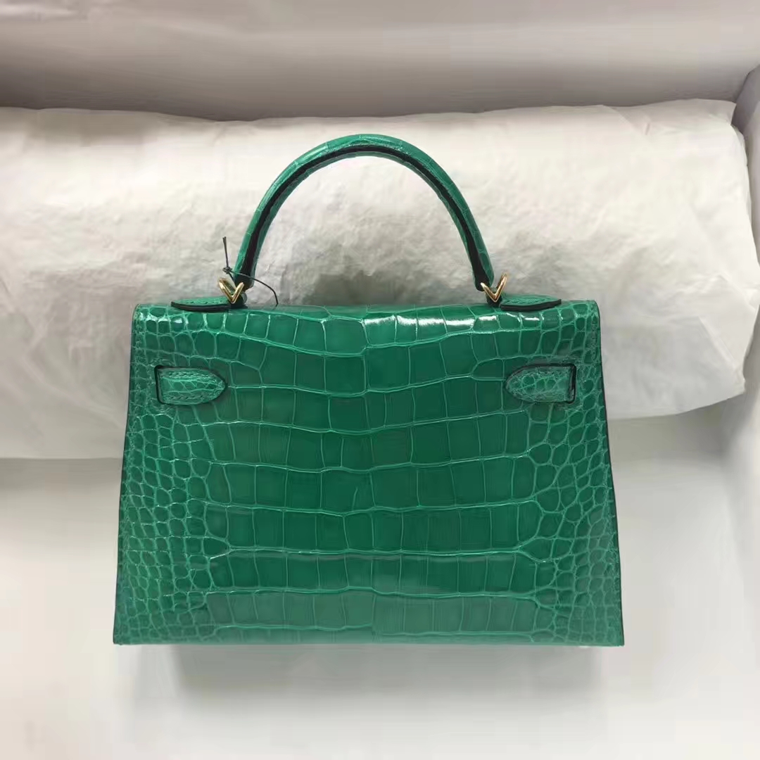 Luxury Hermes Shiny Crocodile Leather Minikelly-2 Bag in 6Q Emerald Green