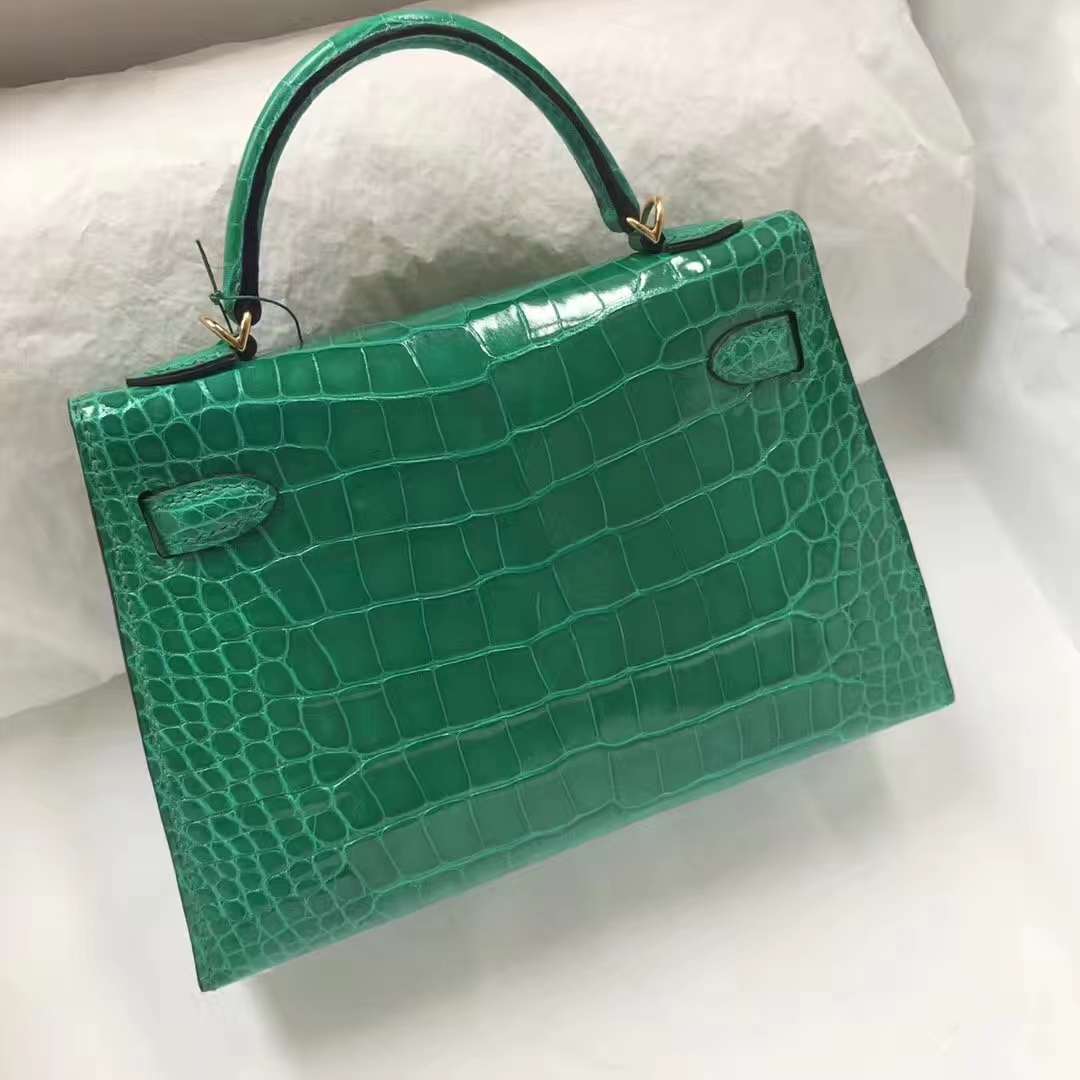 Luxury Hermes Shiny Crocodile Leather Minikelly-2 Bag in 6Q Emerald Green