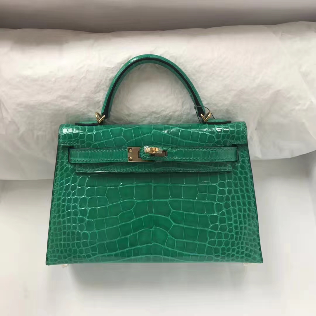 Luxury Hermes Shiny Crocodile Leather Minikelly-2 Bag in 6Q Emerald Green