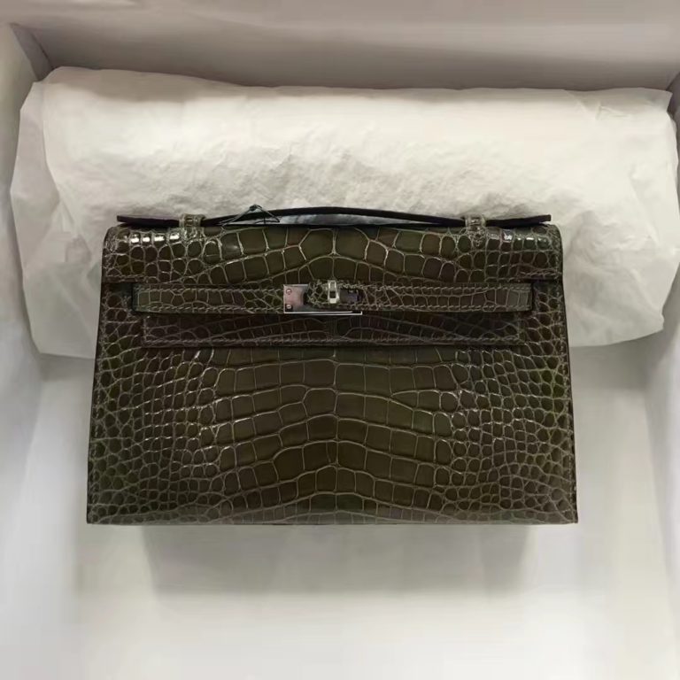 Hermes Minikelly Pochette  22CM in 6H Olive Green Crocodile Leather