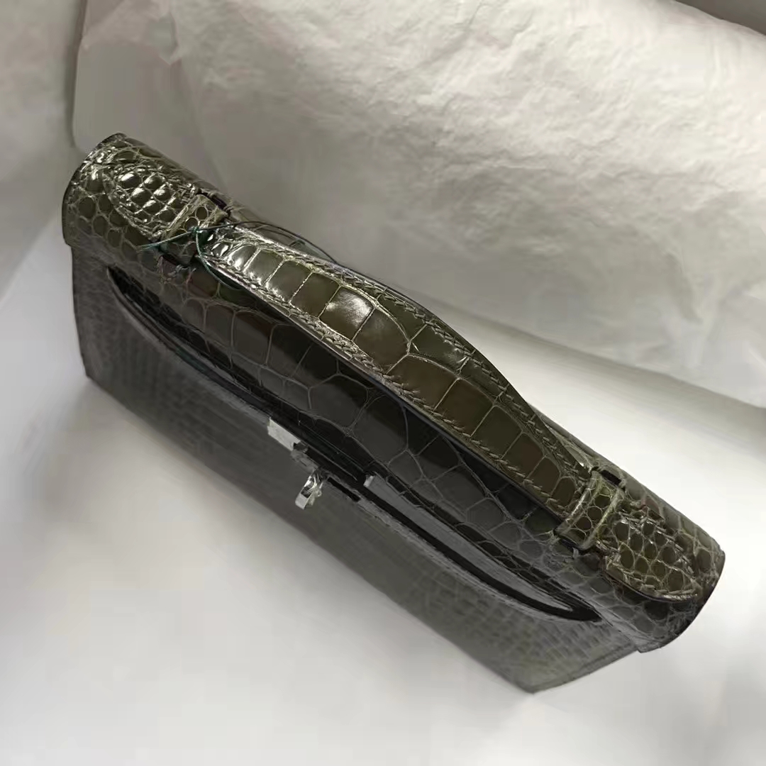 Fashion Hermes Minikelly Pochette 22CM in 6H Olive Green Crocodile Leather
