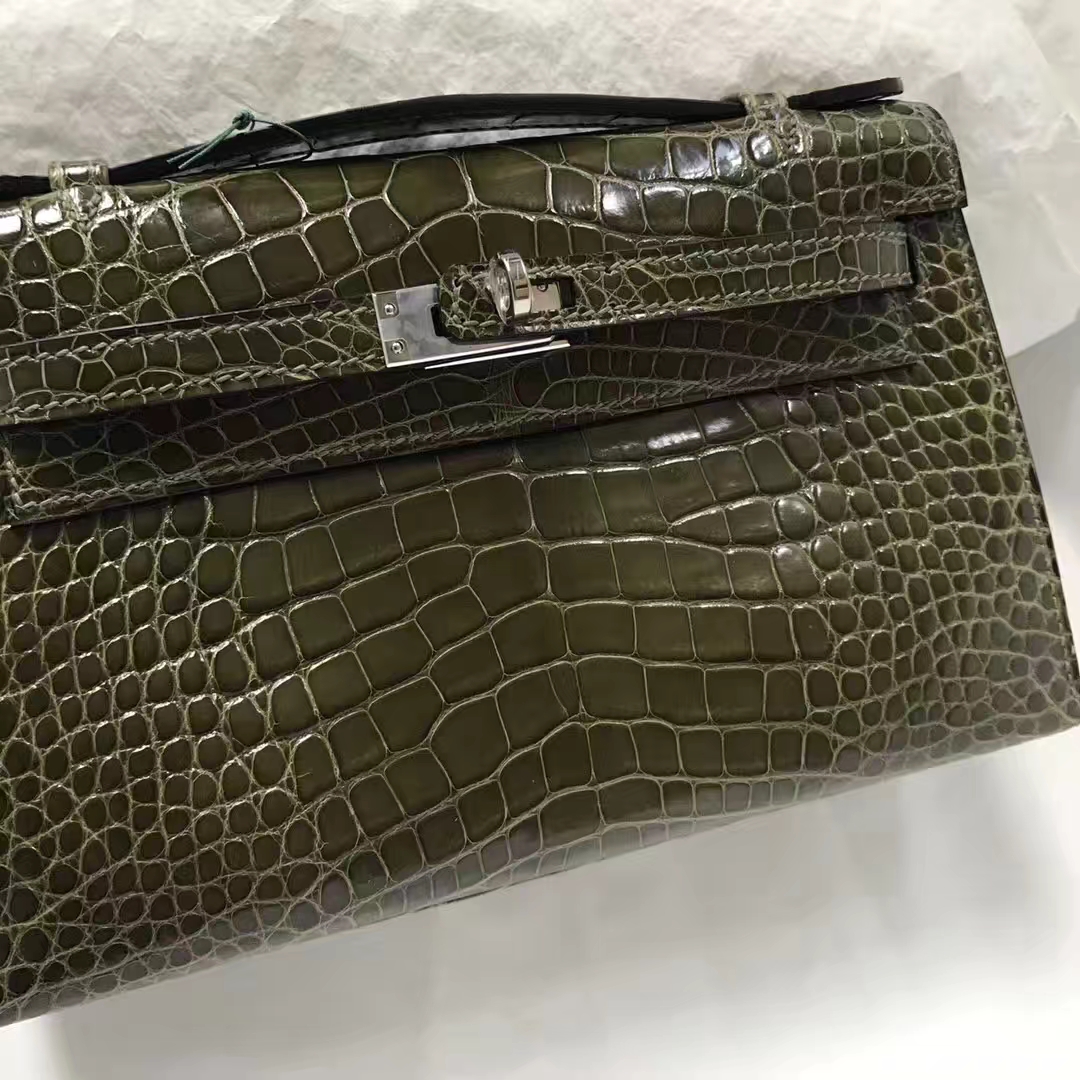 Fashion Hermes Minikelly Pochette 22CM in 6H Olive Green Crocodile Leather