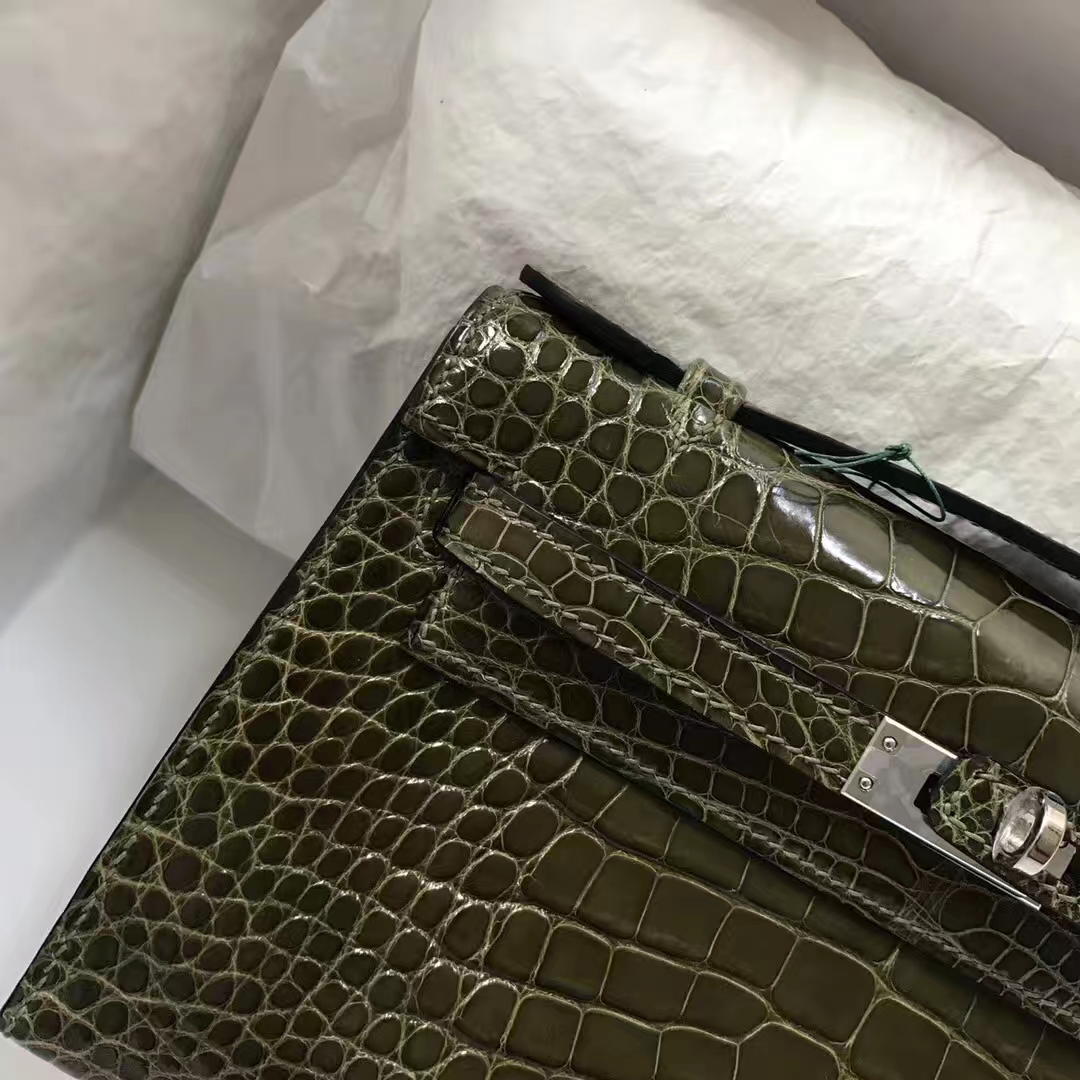 Fashion Hermes Minikelly Pochette 22CM in 6H Olive Green Crocodile Leather