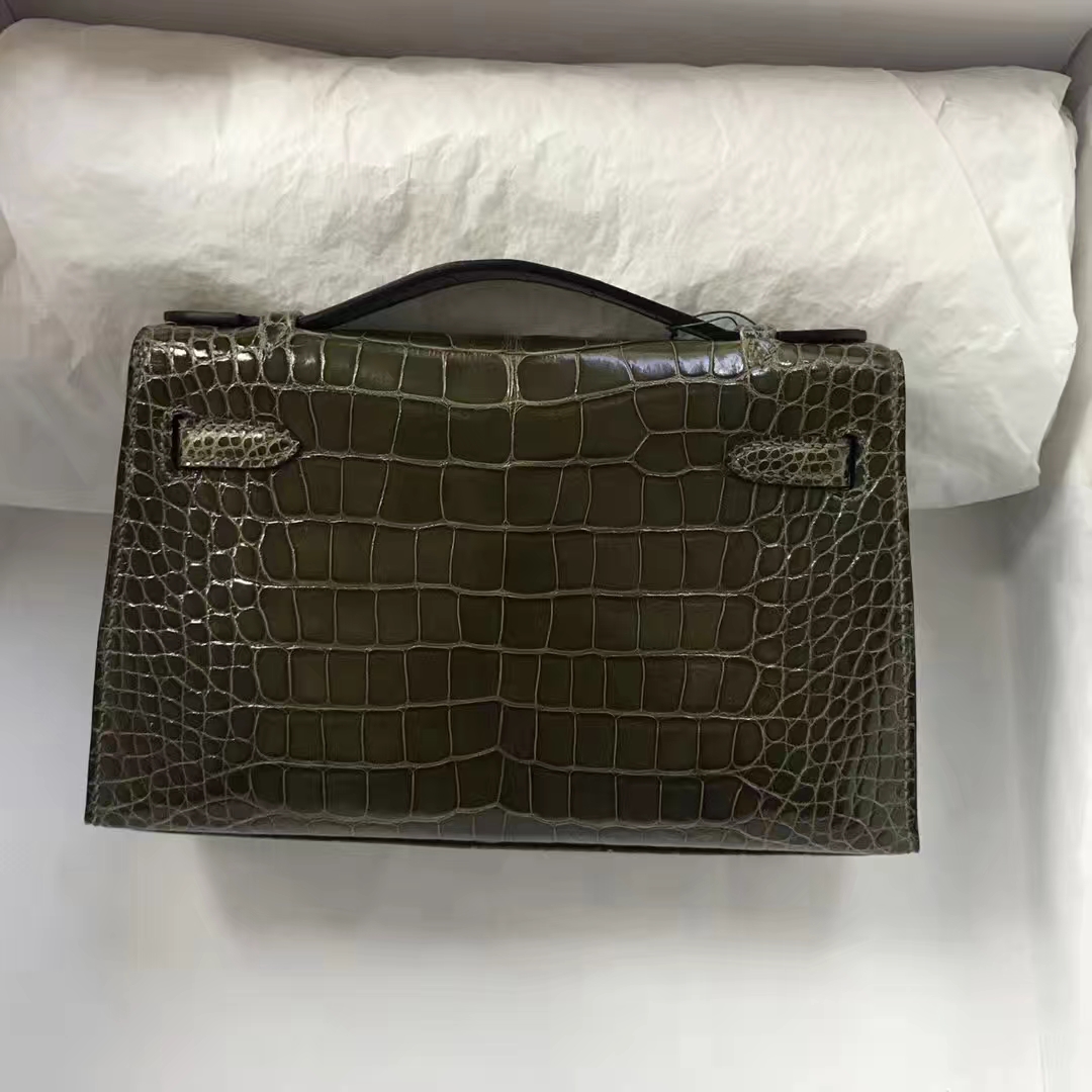 Fashion Hermes Minikelly Pochette 22CM in 6H Olive Green Crocodile Leather