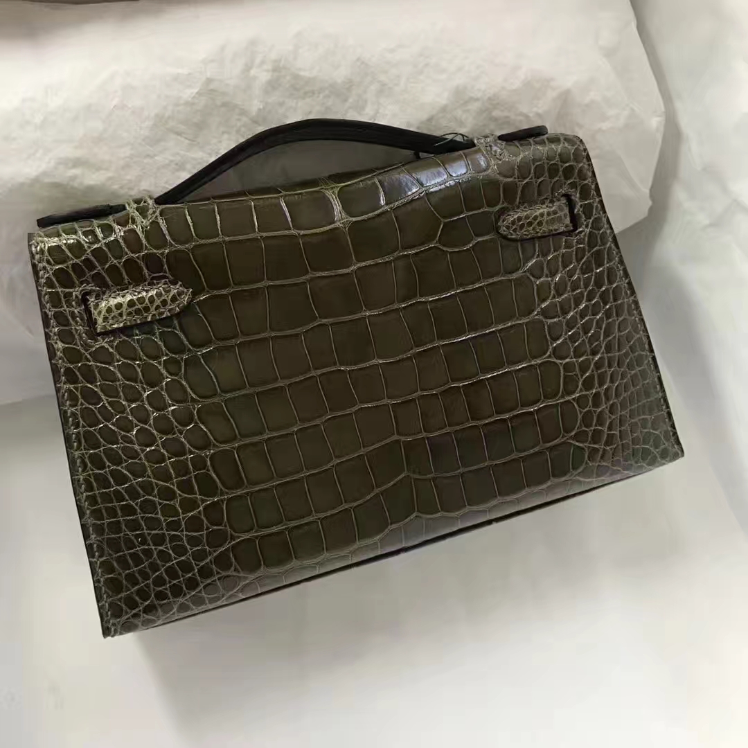 Fashion Hermes Minikelly Pochette 22CM in 6H Olive Green Crocodile Leather