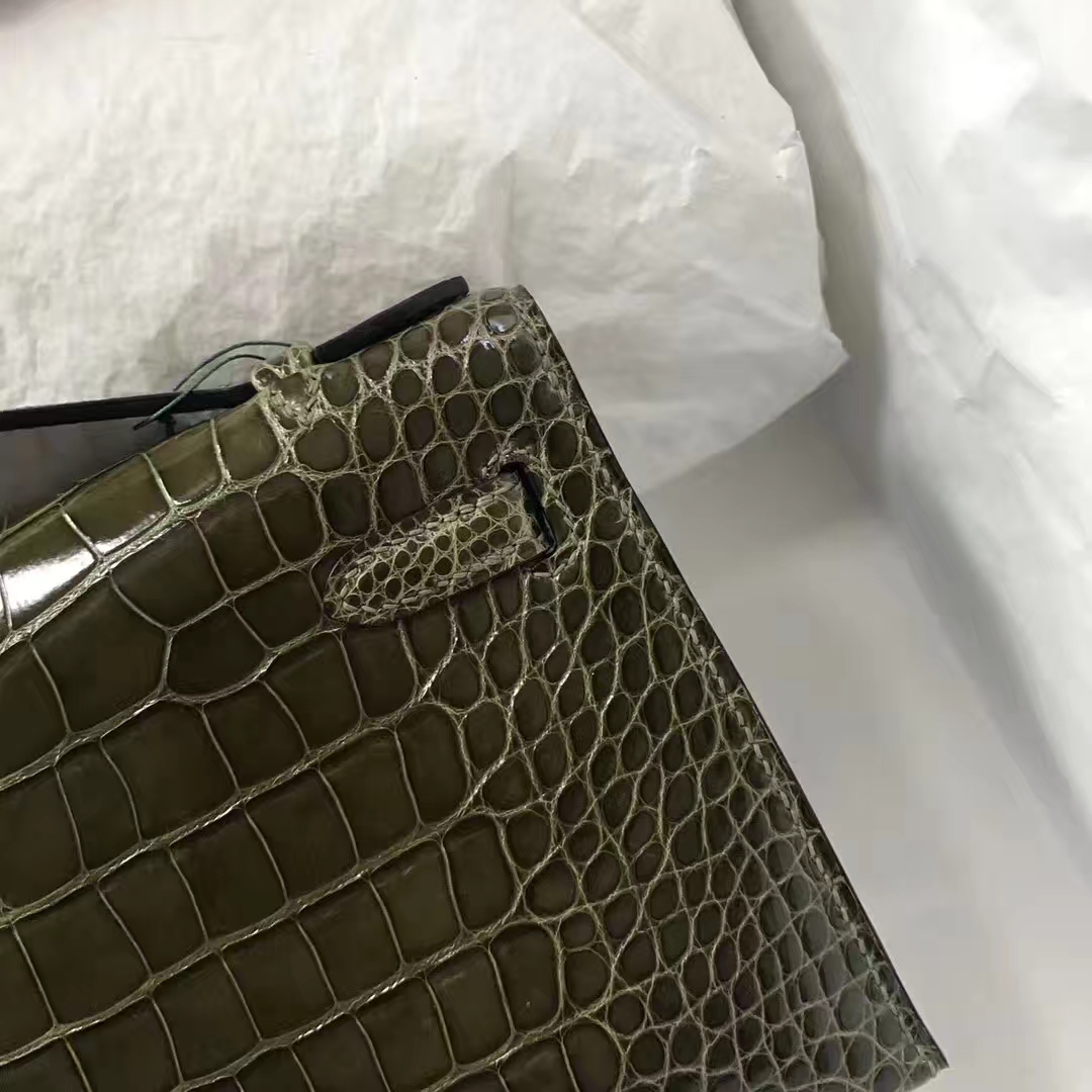 Fashion Hermes Minikelly Pochette 22CM in 6H Olive Green Crocodile Leather