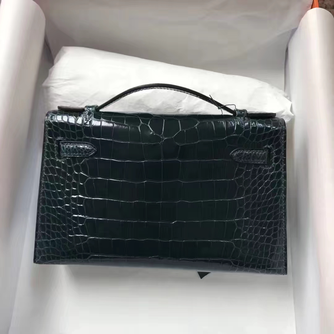 Fashion Hermes Alligator Shiny Crocodile Minikelly Pochette22CM in 1P Blue Colvert