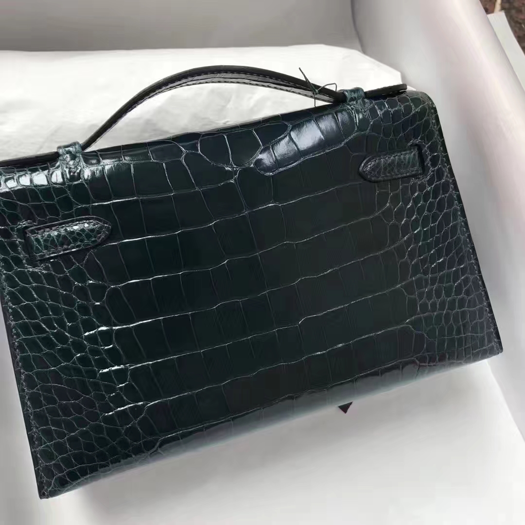 Fashion Hermes Alligator Shiny Crocodile Minikelly Pochette22CM in 1P Blue Colvert