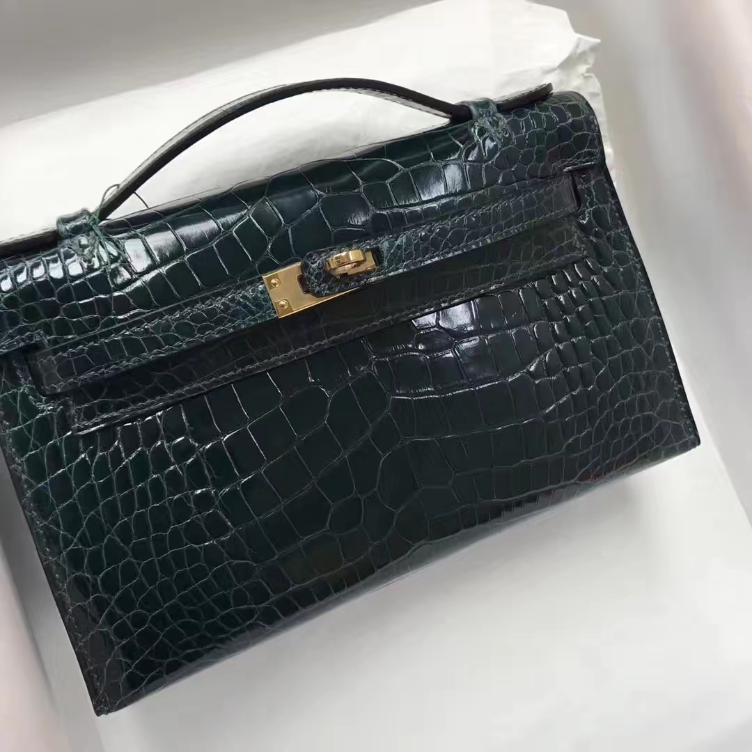 Fashion Hermes Alligator Shiny Crocodile Minikelly Pochette22CM in 1P Blue Colvert