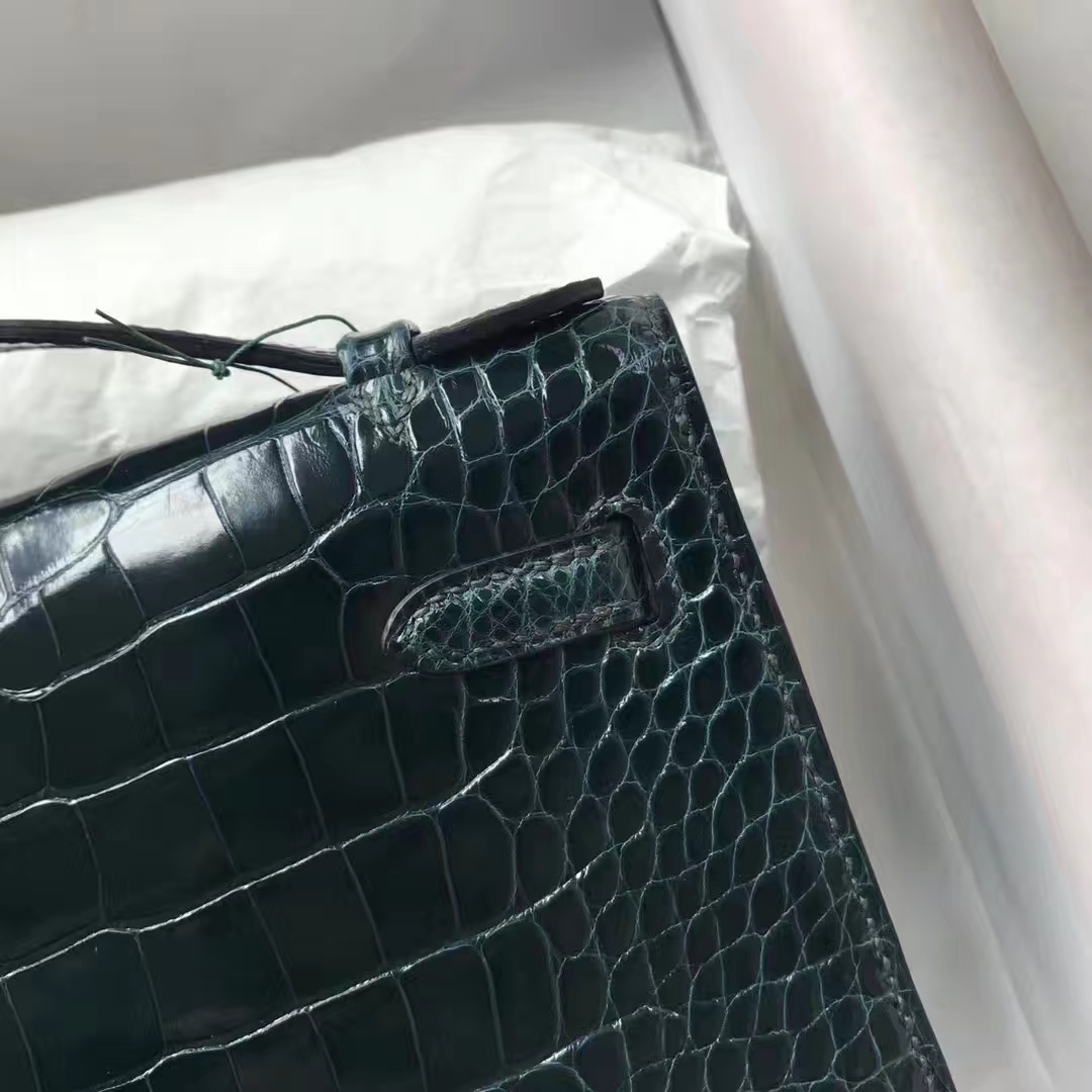 Fashion Hermes Alligator Shiny Crocodile Minikelly Pochette22CM in 1P Blue Colvert