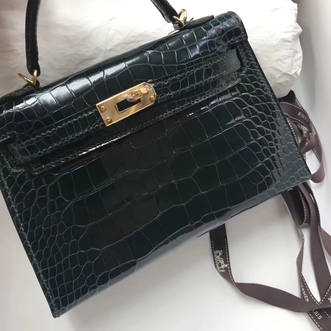Luxury Hermes 1P Blue Colvert Alligator Shiny Crocodile Minikelly-2 Clutch Bag Gold Hardware