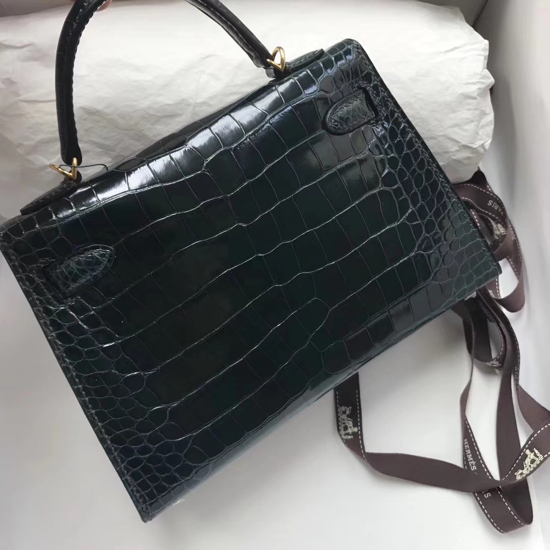 Luxury Hermes 1P Blue Colvert Alligator Shiny Crocodile Minikelly-2 Clutch Bag Gold Hardware