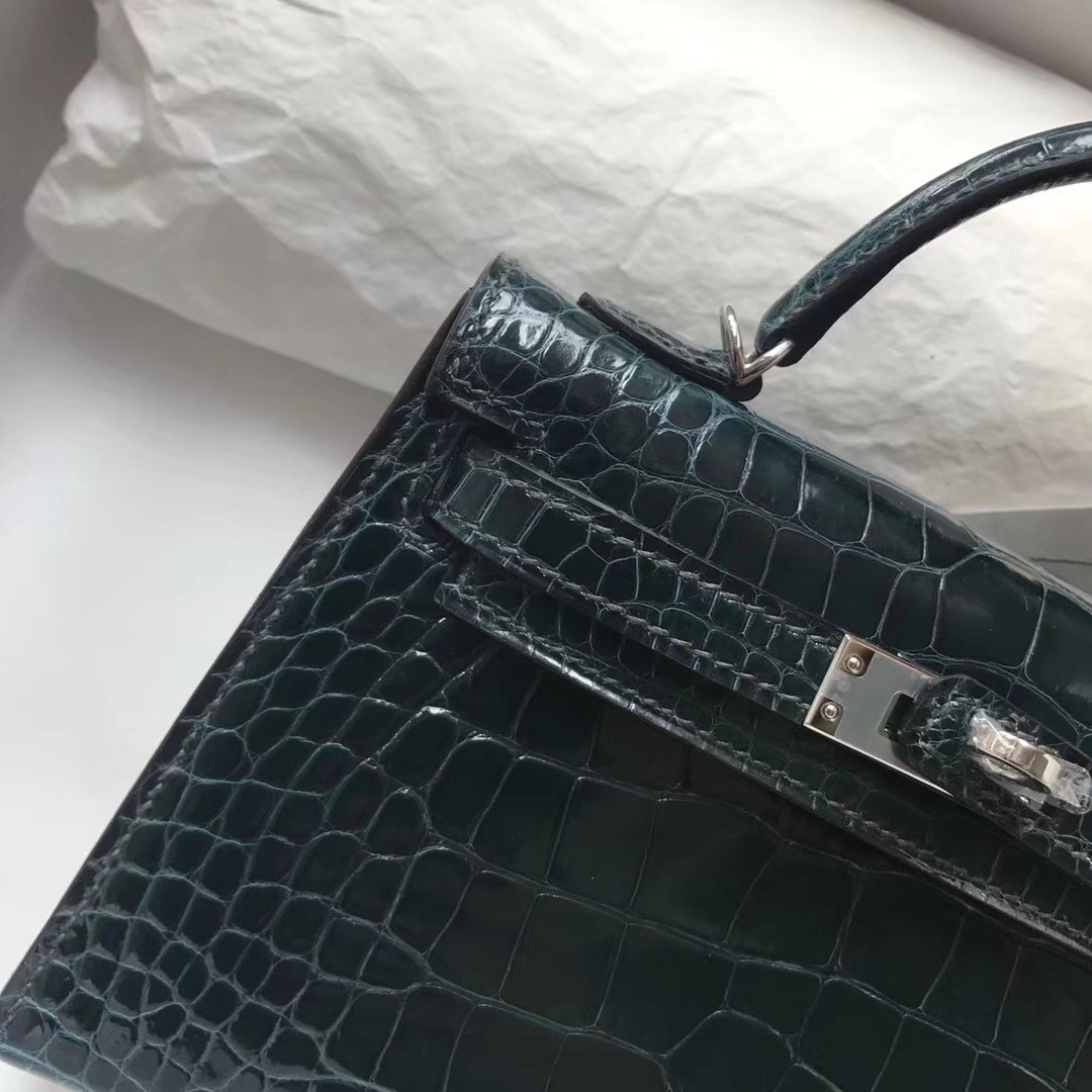 Sale Hermes Shiny Crocodile Leather Minikelly-2 Evening Bag in 1P Blue Colvert