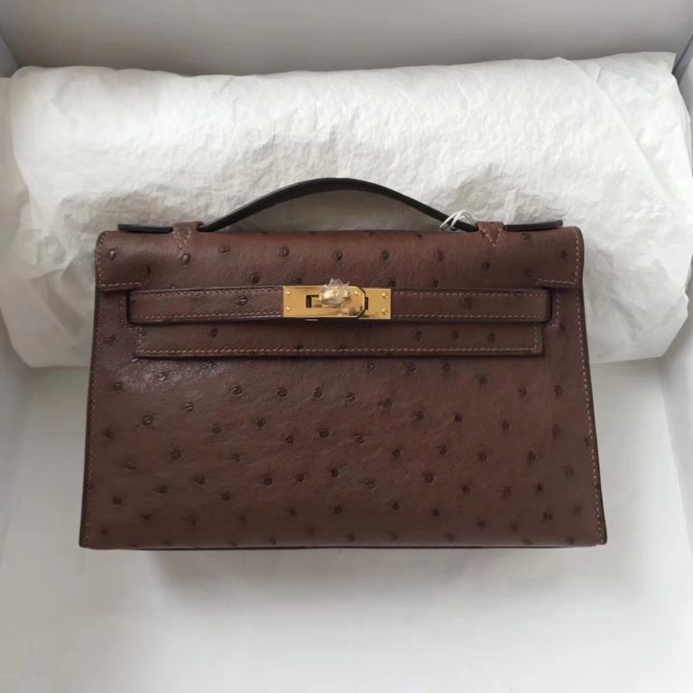 Hermes Tobacco Color Ostrich Leather Minikelly Pochette  22CM Gold Hardware