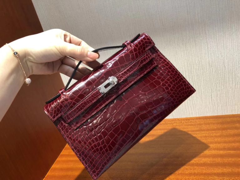 Hermes F5 Bourgogne Red Shiny Crocodile Leather Minikelly Clutch Bag 22CM