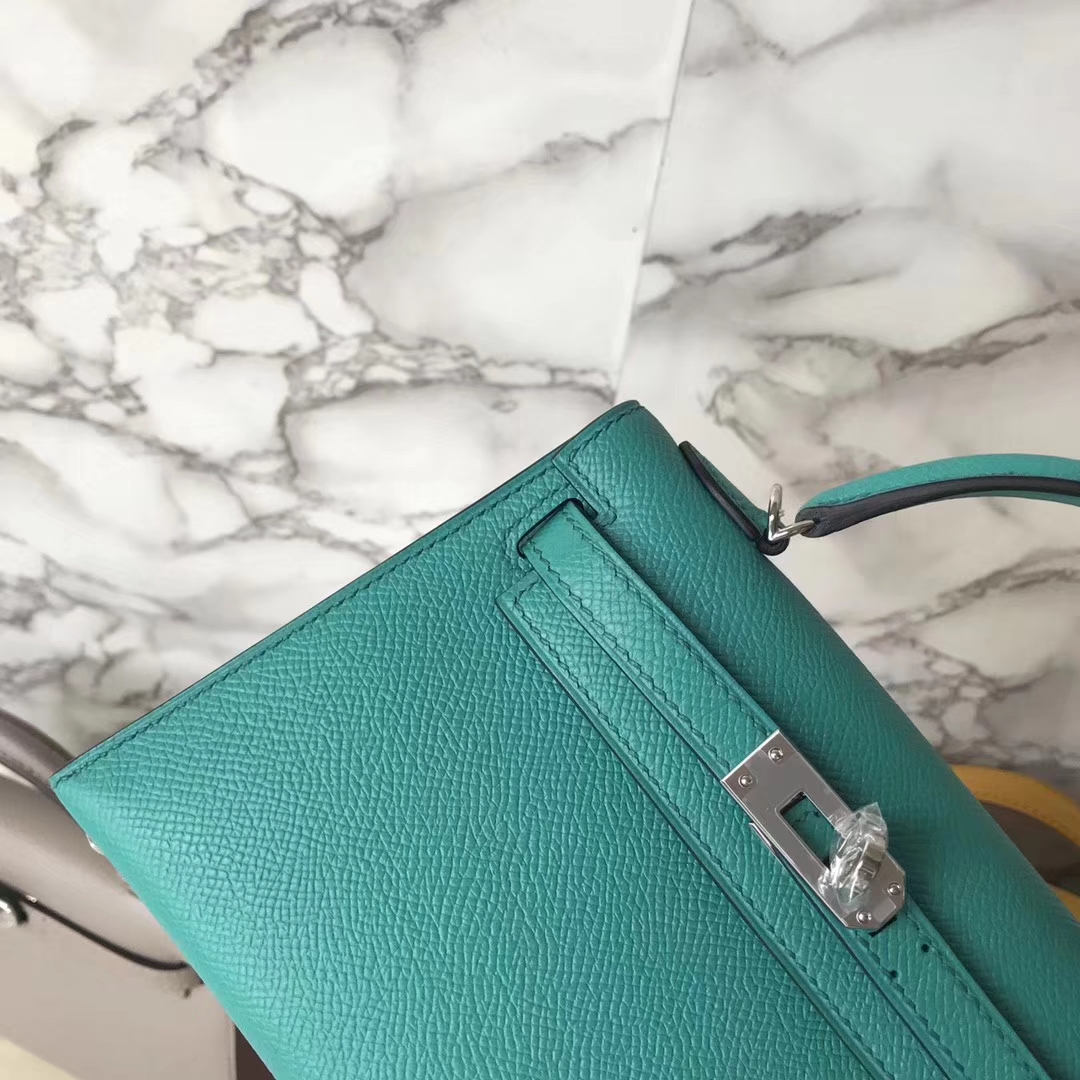 Fashion Hermes Blue Paon Epsom Calf Minikelly-2 Eveing Clutch Bag Silver Hardware