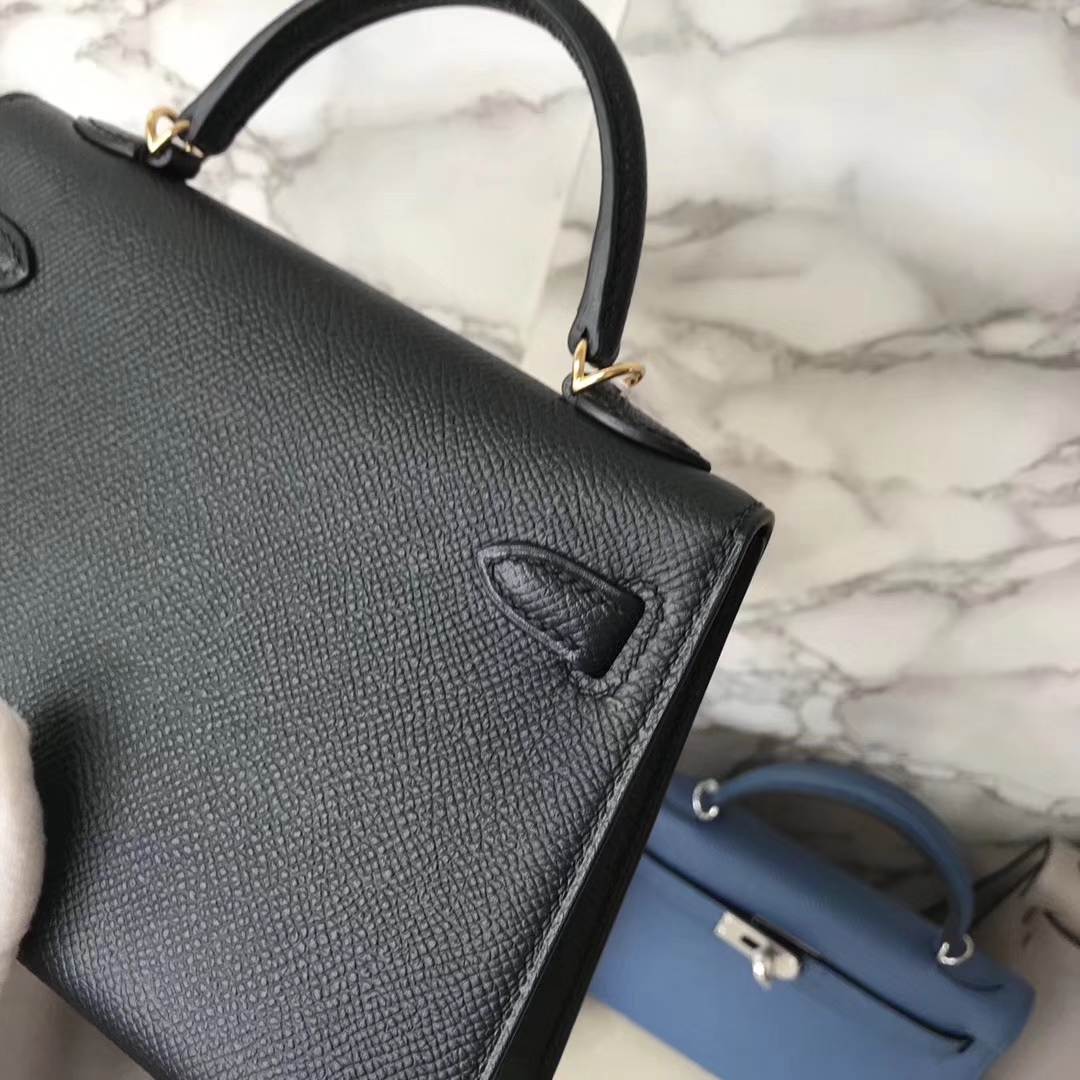 Noble Hermes CK89 Black Epsom Calf Minikelly-2 Evening Clutch Bag Gold Hardware