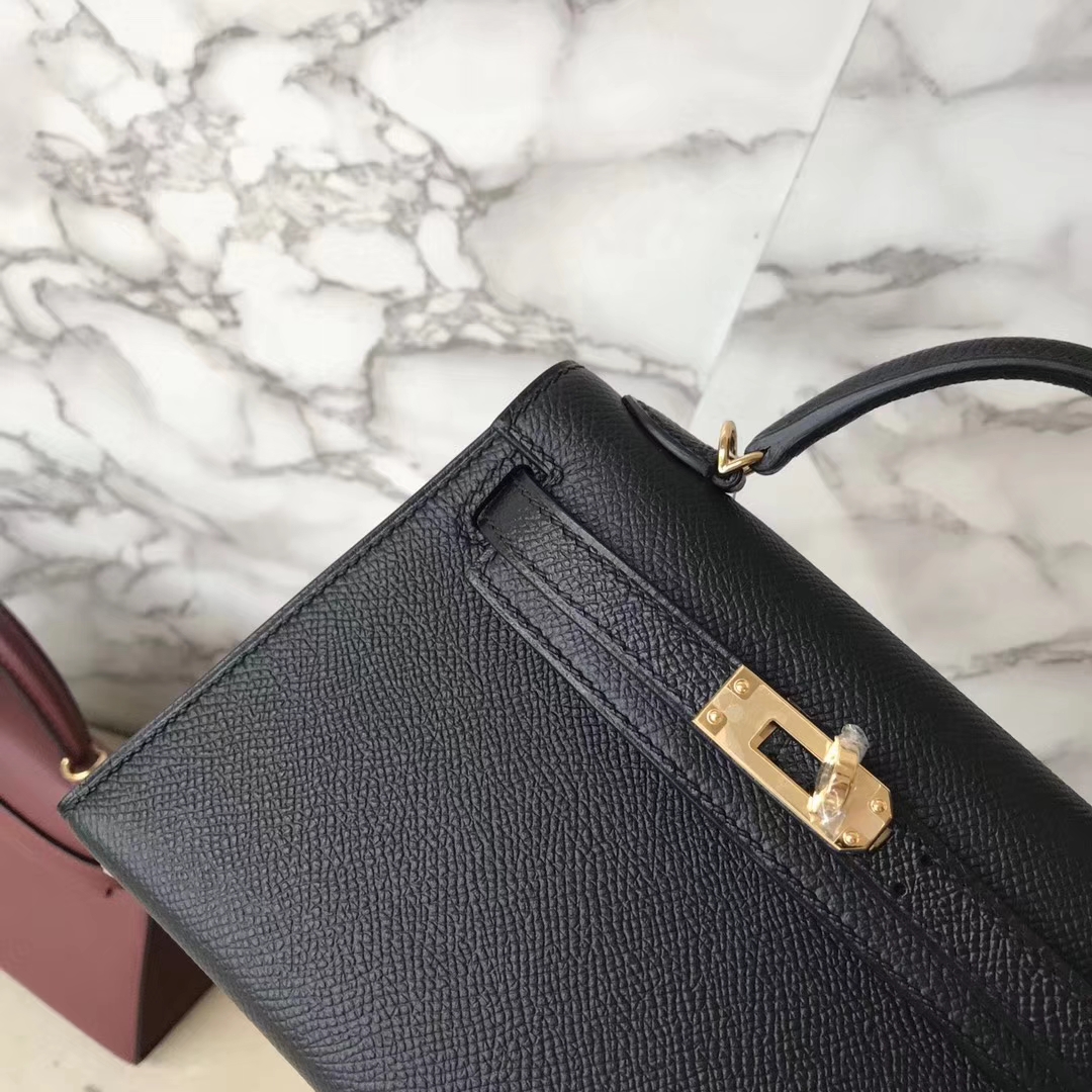 Noble Hermes CK89 Black Epsom Calf Minikelly-2 Evening Clutch Bag Gold Hardware