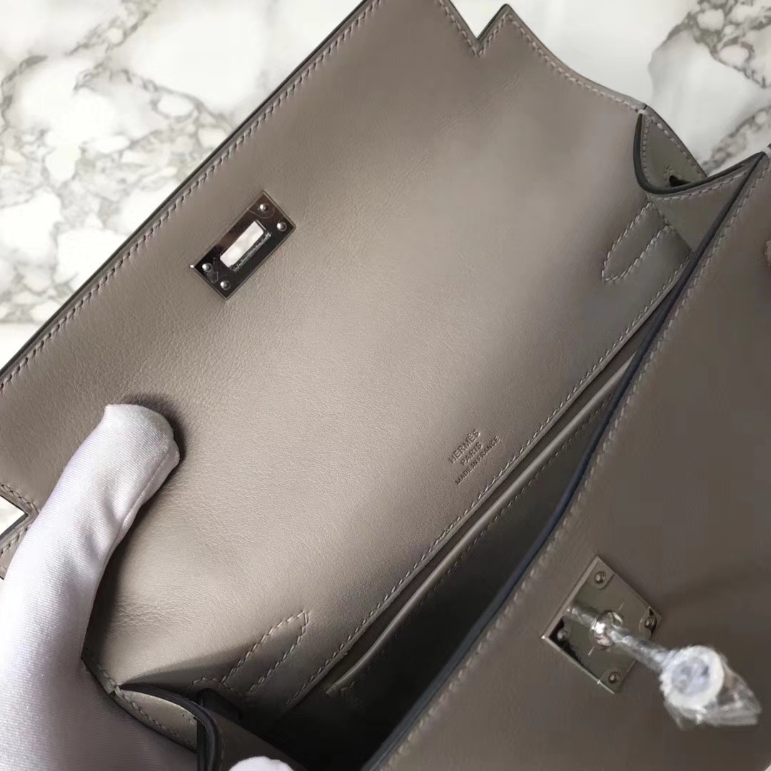 Fashion Hermes M8 Gris Ashpite Swift Calf Leather Minikelly Clutch Bag