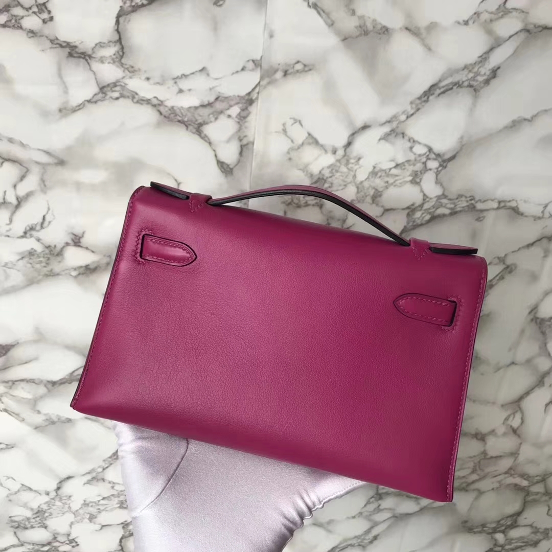 Pretty Hermes L3 Rose Purle Swift Calf Leather Minikelly Clutch Bag Silver Hardware