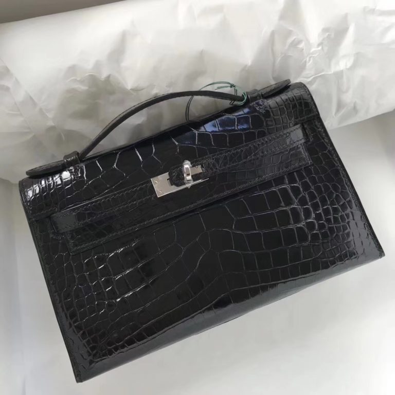 Hermes Shiny Crocodile Minikelly Clutch Bag in CK89 Black Silver Hardware
