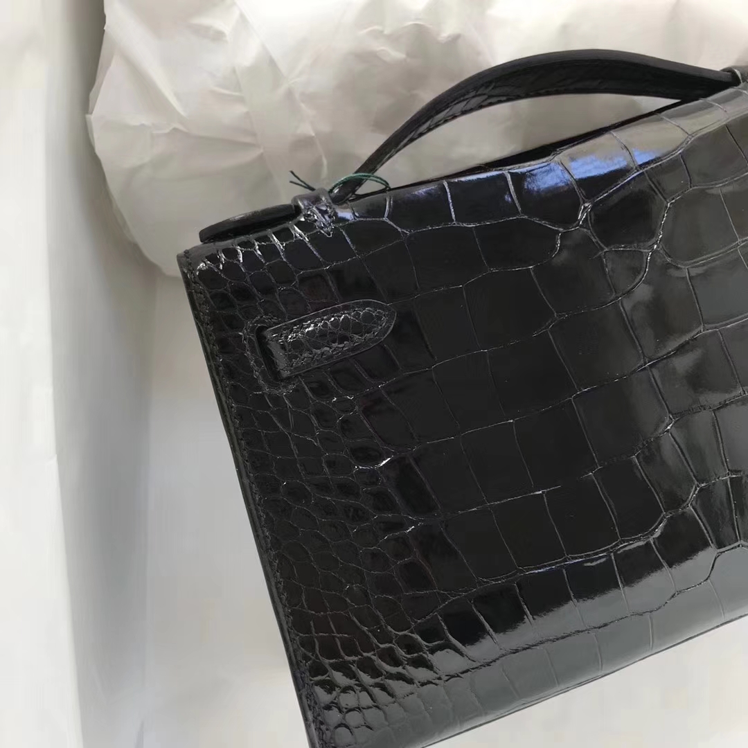 Elegant Hermes Shiny Crocodile Minikelly Clutch Bag in CK89 Black Silver Hardware
