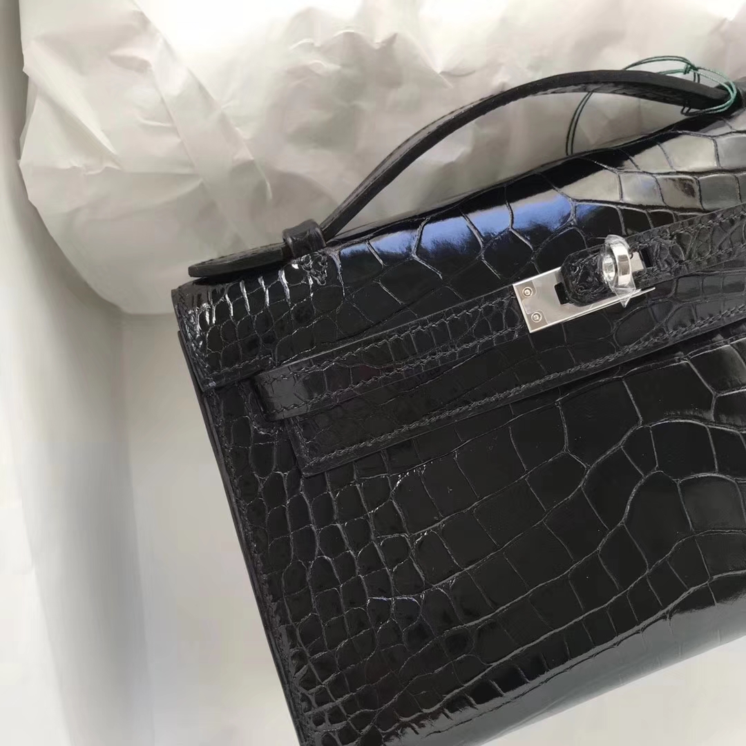 Elegant Hermes Shiny Crocodile Minikelly Clutch Bag in CK89 Black Silver Hardware