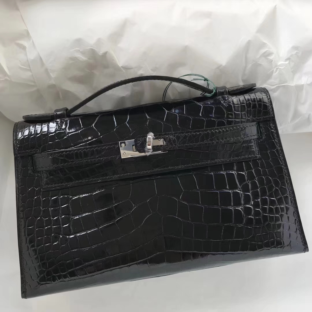 Elegant Hermes Shiny Crocodile Minikelly Clutch Bag in CK89 Black Silver Hardware