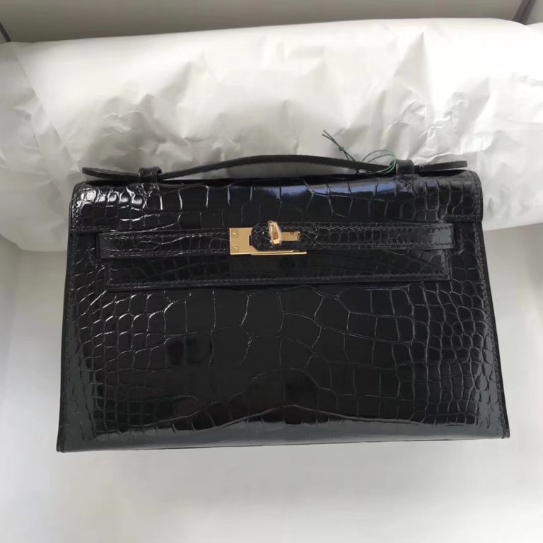 Hermes CK89 Black Shiny Crocodile Minikelly Evening Bag Gold Hardware
